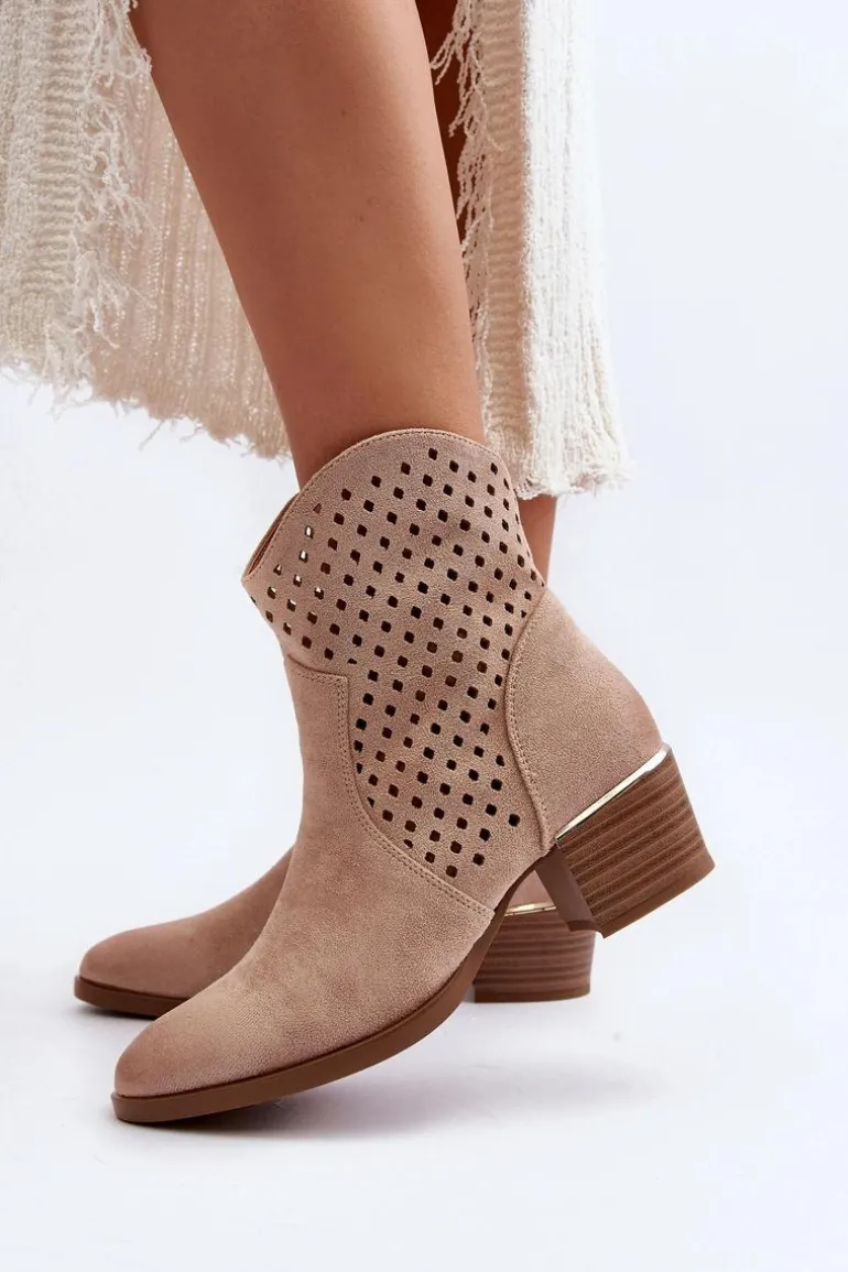Ażurowe Botki Na Niskim Obcasie Beżowe Cilvana