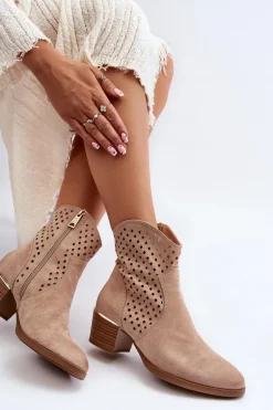 Ażurowe Botki Na Niskim Obcasie Beżowe Cilvana