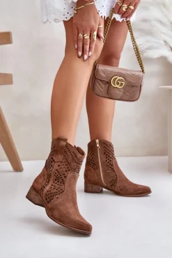 Ażurowe Botki Na Płaskim Obcasie Zamszowe Lewski 3305/2 Brązowe