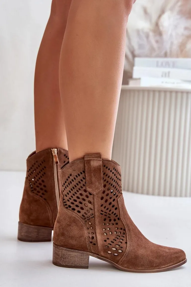 Ażurowe Botki Na Płaskim Obcasie Zamszowe Lewski 3305/2 Brązowe