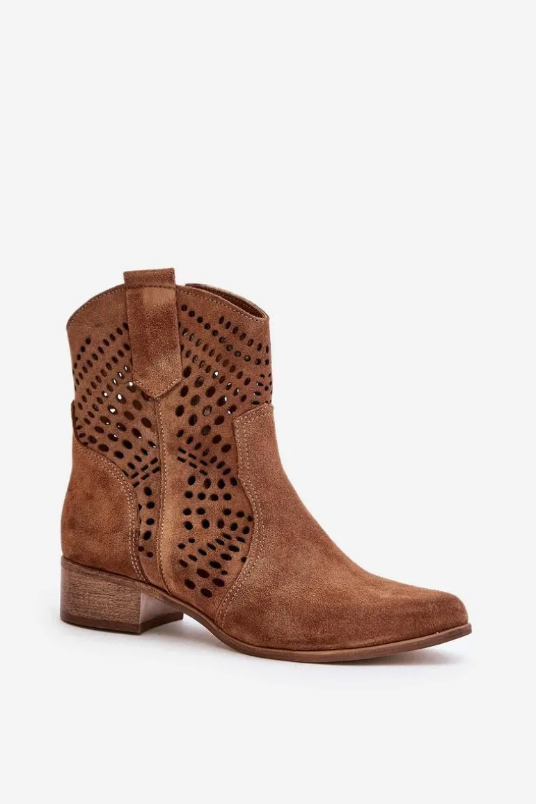 Ażurowe Botki Na Płaskim Obcasie Zamszowe Lewski 3305/2 Brązowe