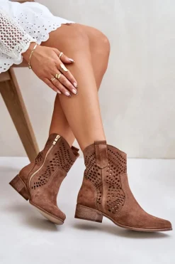 Ażurowe Botki Na Płaskim Obcasie Zamszowe Lewski 3305/2 Brązowe