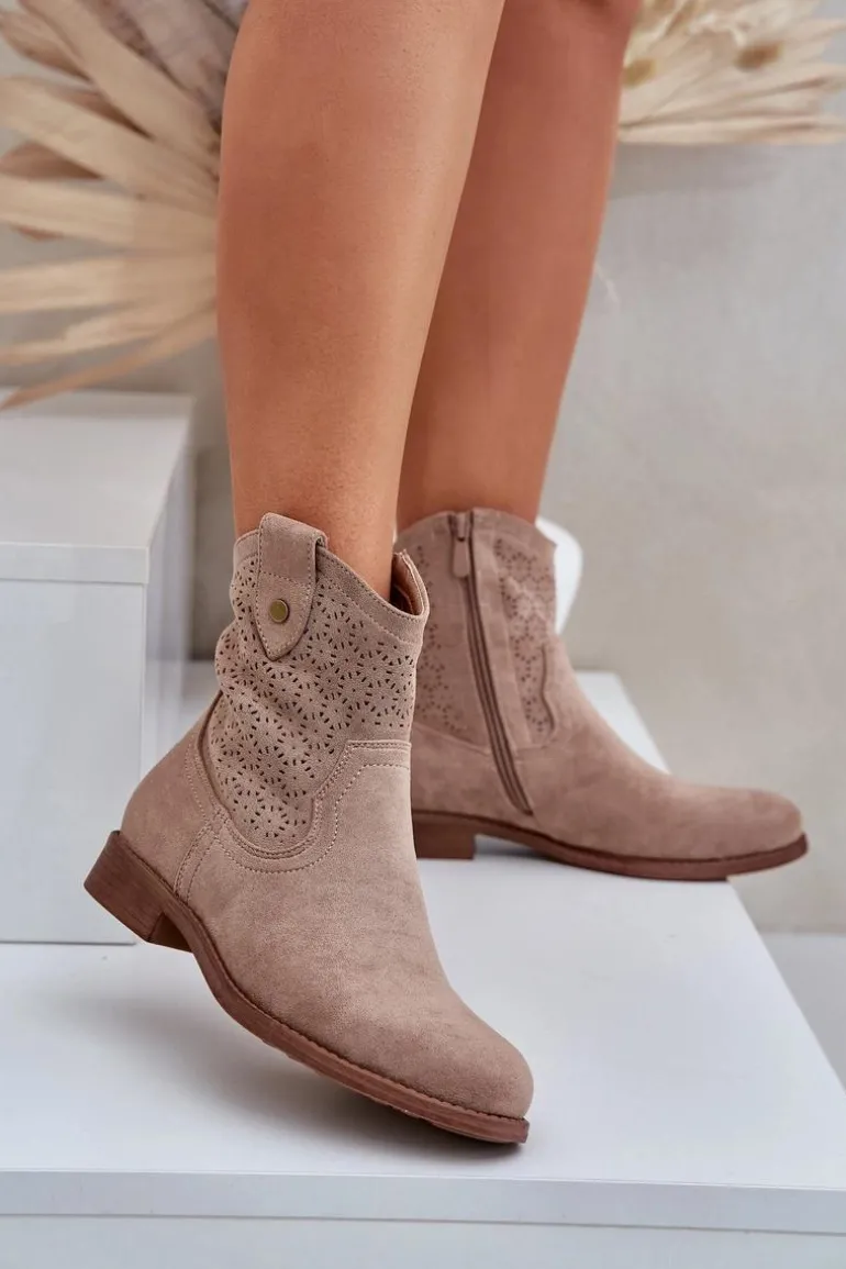 Ażurowe Botki Na Płaskim Obcasie S.Barski HY51-063 Beżowe