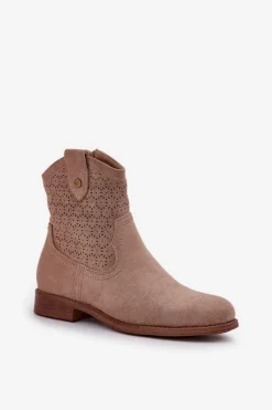 Ażurowe Botki Na Płaskim Obcasie S.Barski HY51-063 Beżowe