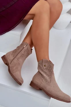 Ażurowe Botki Na Płaskim Obcasie S.Barski HY51-063 Beżowe