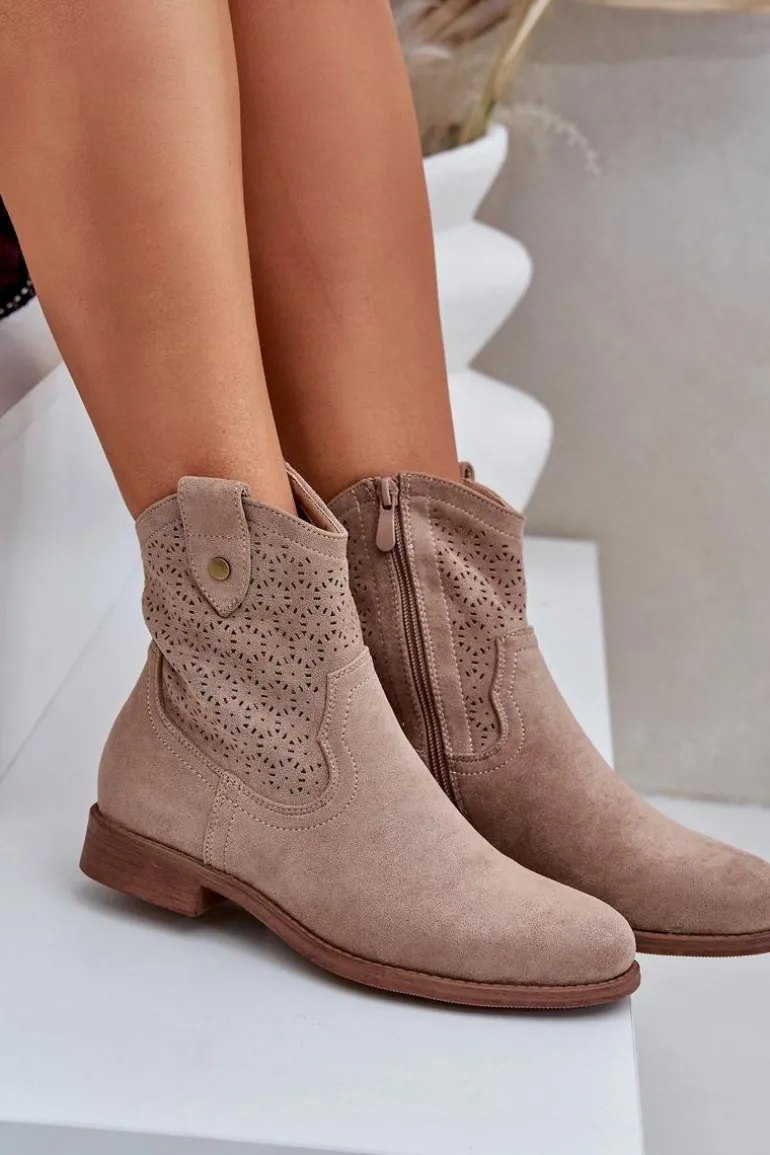 Ażurowe Botki Na Płaskim Obcasie S.Barski HY51-063 Beżowe
