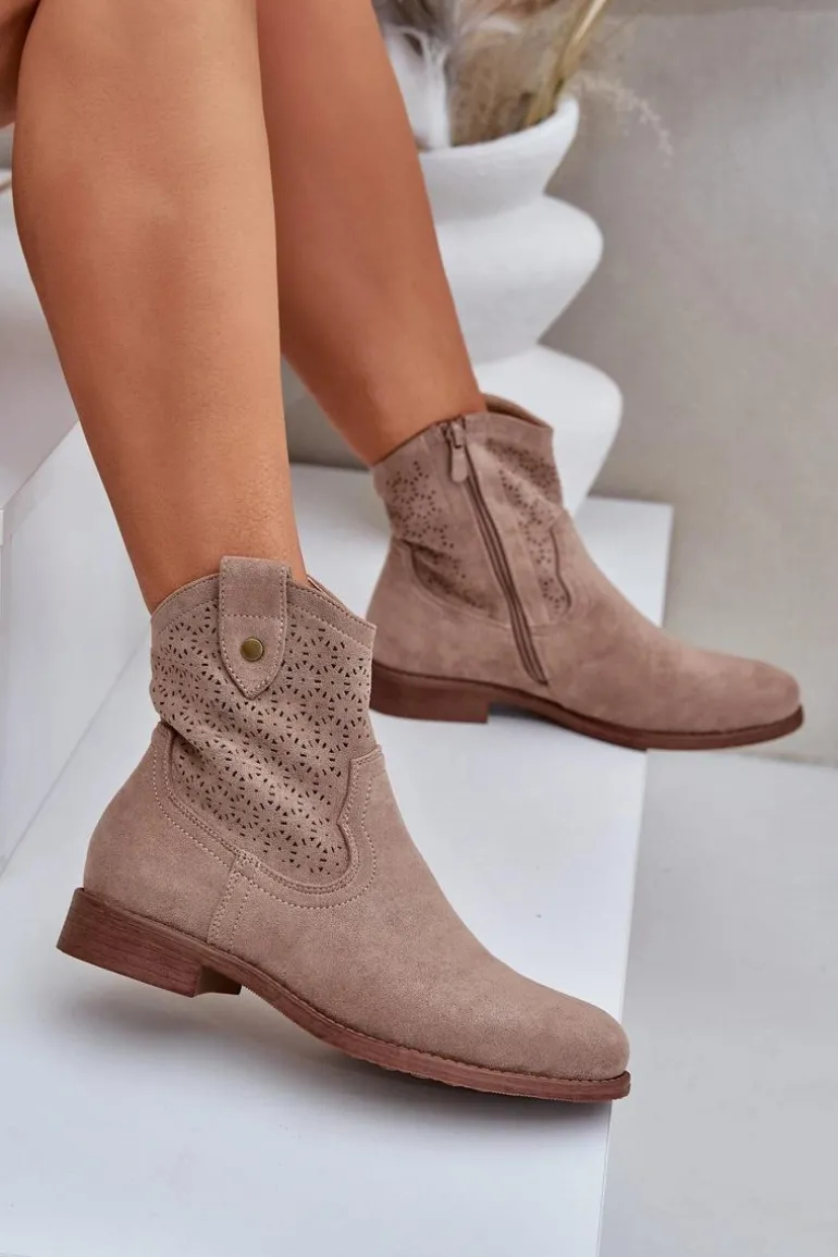 Ażurowe Botki Na Płaskim Obcasie S.Barski HY51-063 Beżowe