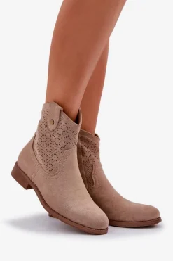 Ażurowe Botki Na Płaskim Obcasie S.Barski HY51-063 Beżowe