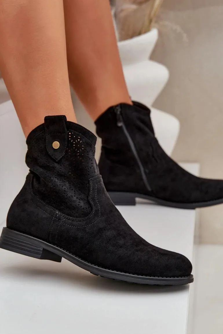 Ażurowe Botki Na Płaskim Obcasie S.Barski HY51-063 Czarne