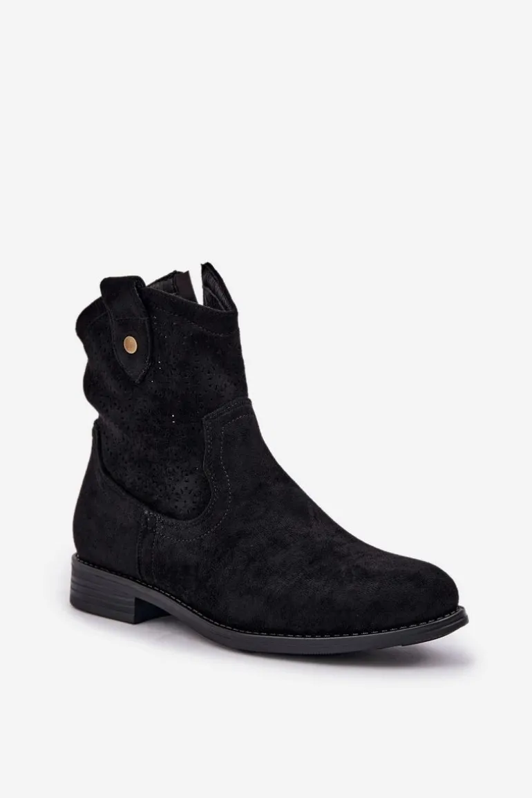 Ażurowe Botki Na Płaskim Obcasie S.Barski HY51-063 Czarne