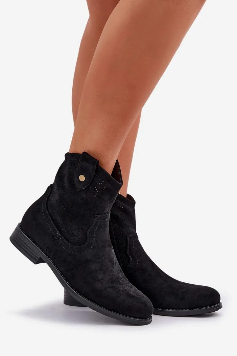 Ażurowe Botki Na Płaskim Obcasie S.Barski HY51-063 Czarne