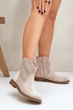 Ażurowe Botki Na Płaskim Obcasie Jasnobeżowe Zinollia