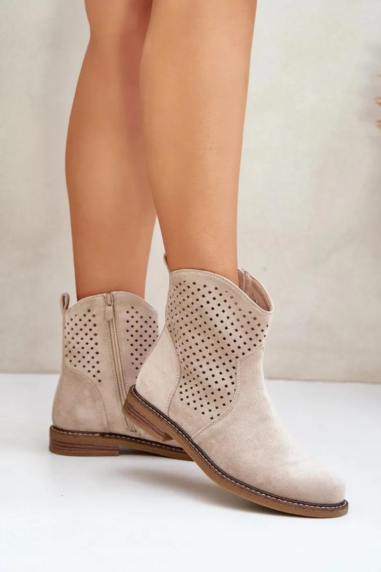 Ażurowe Botki Na Płaskim Obcasie Jasnobeżowe Zinollia