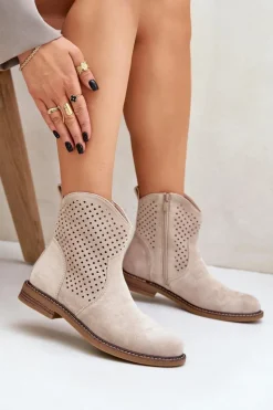 Ażurowe Botki Na Płaskim Obcasie Jasnobeżowe Zinollia