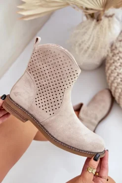 Ażurowe Botki Na Płaskim Obcasie Jasnobeżowe Zinollia