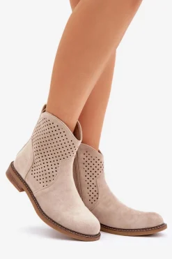 Ażurowe Botki Na Płaskim Obcasie Jasnobeżowe Zinollia