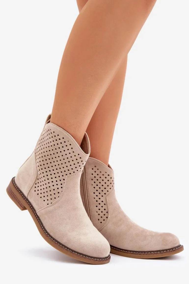 Ażurowe Botki Na Płaskim Obcasie Jasnobeżowe Zinollia