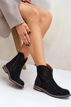 Ażurowe Botki Na Płaskim Obcasie Czarne Zinollia