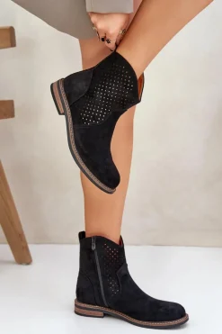 Ażurowe Botki Na Płaskim Obcasie Czarne Zinollia