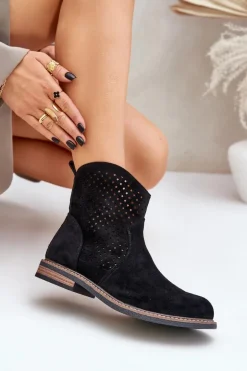 Ażurowe Botki Na Płaskim Obcasie Czarne Zinollia