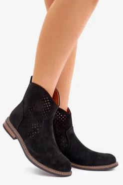 Ażurowe Botki Na Płaskim Obcasie Czarne Zinollia