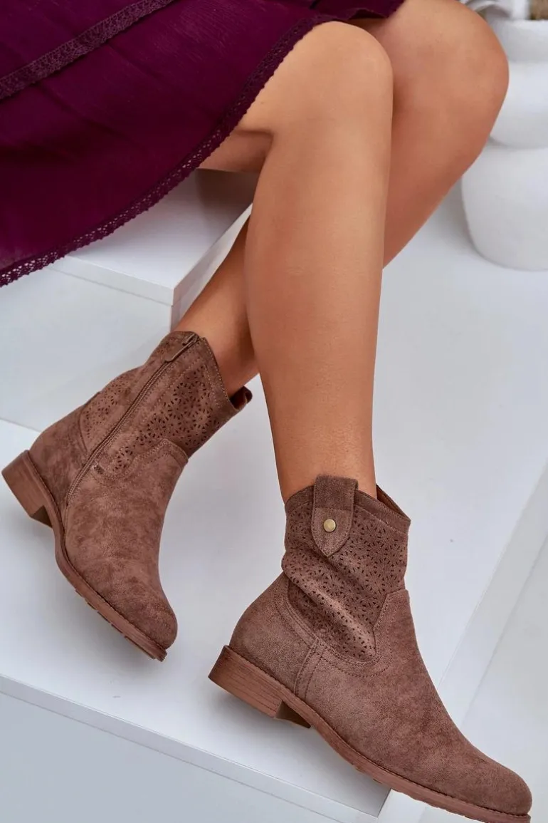 Ażurowe Botki Na Płaskim Obcasie S.Barski HY51-063 Brązowe