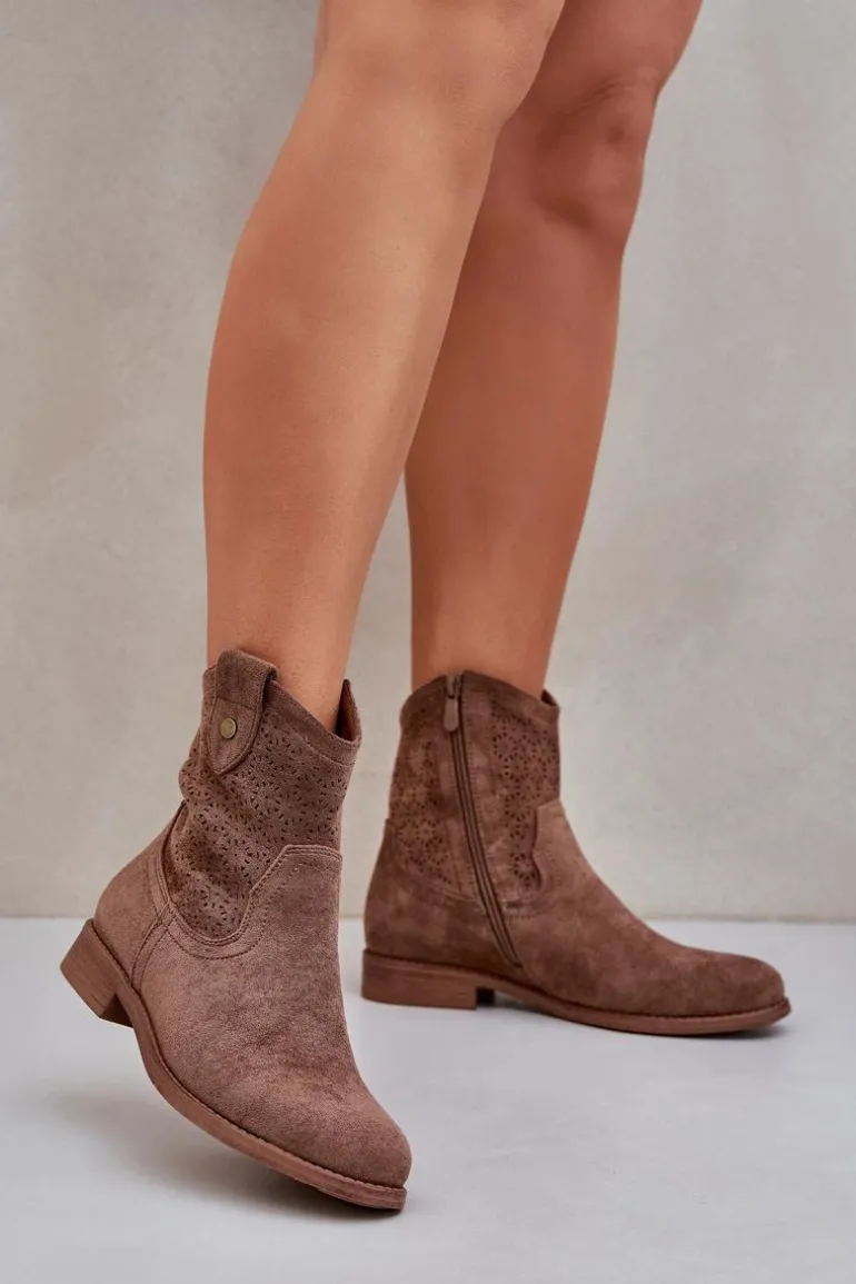 Ażurowe Botki Na Płaskim Obcasie S.Barski HY51-063 Brązowe