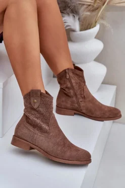 Ażurowe Botki Na Płaskim Obcasie S.Barski HY51-063 Brązowe