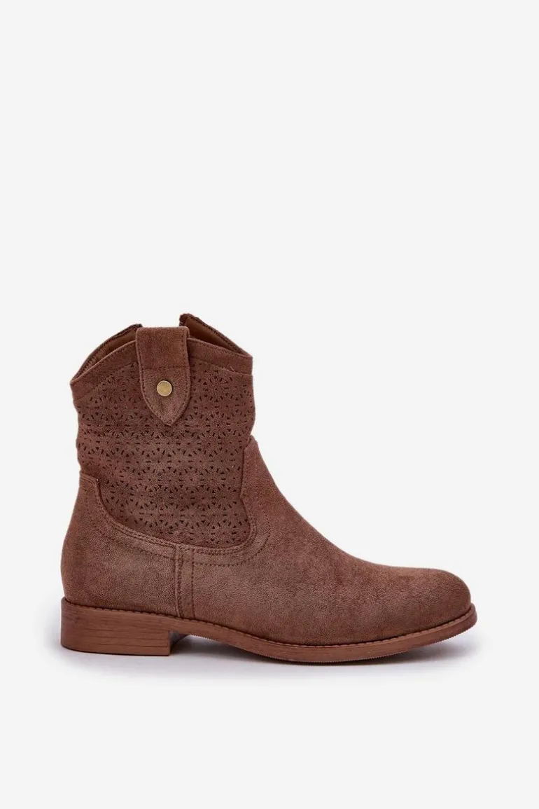 Ażurowe Botki Na Płaskim Obcasie S.Barski HY51-063 Brązowe