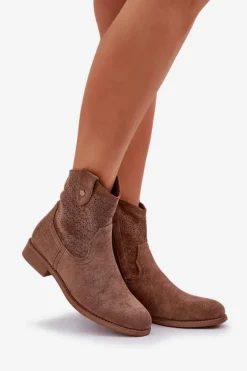 Ażurowe Botki Na Płaskim Obcasie S.Barski HY51-063 Brązowe