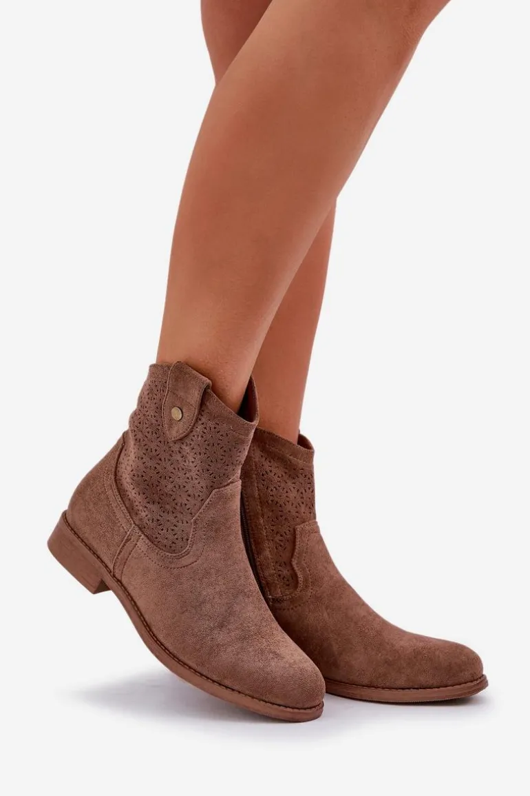 Ażurowe Botki Na Płaskim Obcasie S.Barski HY51-063 Brązowe