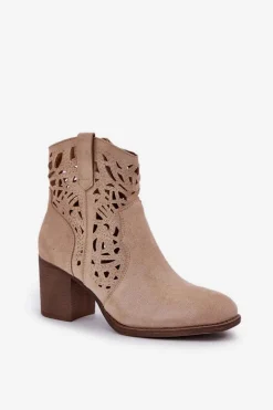 Ażurowe Botki Na Słupkowym Obcasie Beżowe Nurissa