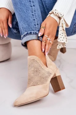 Ażurowe Botki Na Słupku Beżowe Michelle
