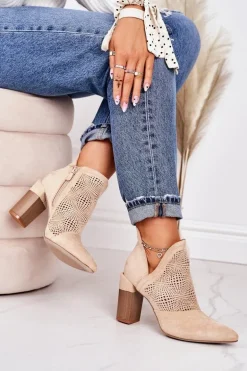 Ażurowe Botki Na Słupku Beżowe Michelle