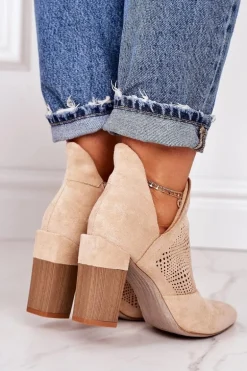 Ażurowe Botki Na Słupku Beżowe Michelle