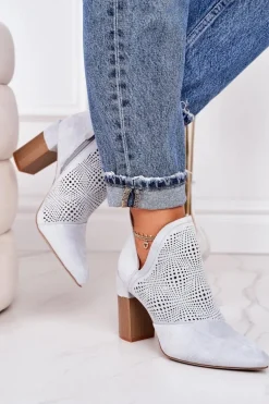 Ażurowe Botki Na Słupku Jasnoszare Michelle