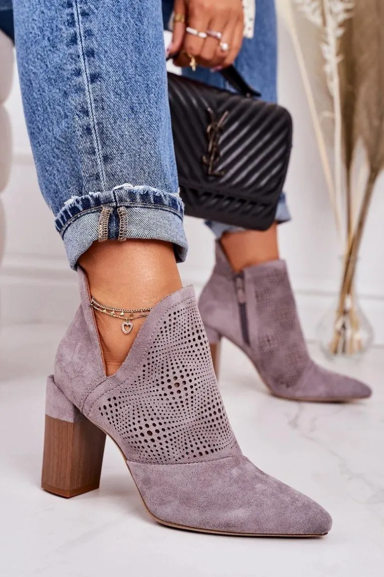 Ażurowe Botki Na Słupku Szare Michelle