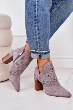 Ażurowe Botki Na Słupku Szare Michelle