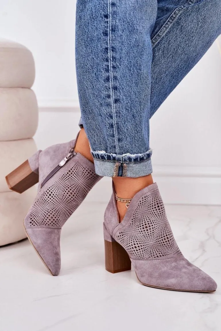 Ażurowe Botki Na Słupku Szare Michelle