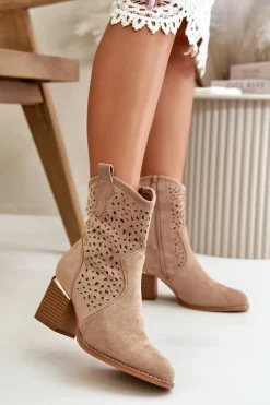 Ażurowe Botki Na Słupku Z Eko Zamszu Zapinane Na Zamek Ciemnobeżowe Sevana