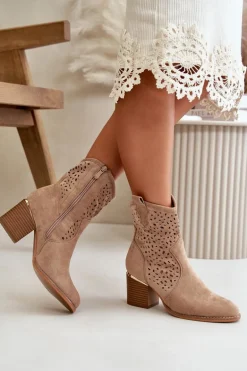 Ażurowe Botki Na Słupku Z Eko Zamszu Zapinane Na Zamek Ciemnobeżowe Sevana