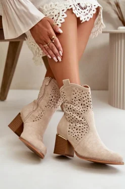 Ażurowe Botki Na Słupku Z Eko Zamszu Zapinane Na Zamek Beżowe Sevana
