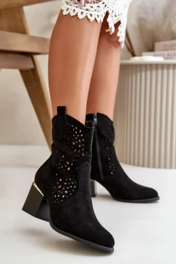 Ażurowe Botki Na Słupku Z Eko Zamszu Zapinane Na Zamek Czarne Sevana