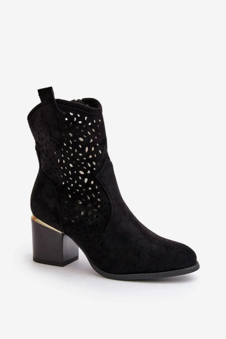 Ażurowe Botki Na Słupku Z Eko Zamszu Zapinane Na Zamek Czarne Sevana