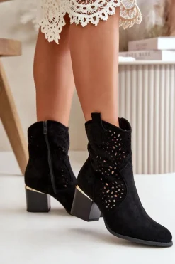Ażurowe Botki Na Słupku Z Eko Zamszu Zapinane Na Zamek Czarne Sevana