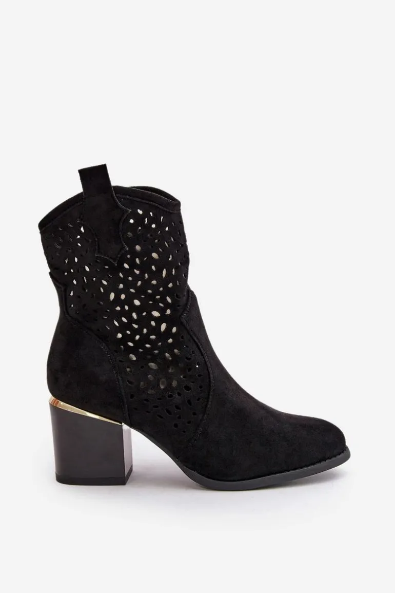 Ażurowe Botki Na Słupku Z Eko Zamszu Zapinane Na Zamek Czarne Sevana