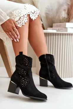 Ażurowe Botki Na Słupku Z Eko Zamszu Zapinane Na Zamek Czarne Sevana