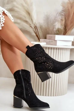 Ażurowe Botki Na Słupku Z Eko Zamszu Zapinane Na Zamek Czarne Sevana