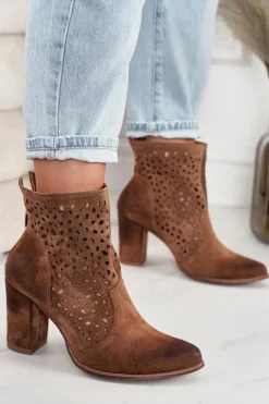 Ażurowe Botki Na Słupku Zamszowe Exquisite 1219 Koniak