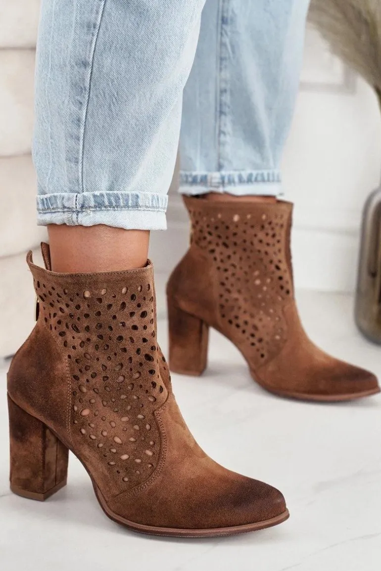 Ażurowe Botki Na Słupku Zamszowe Exquisite 1219 Koniak